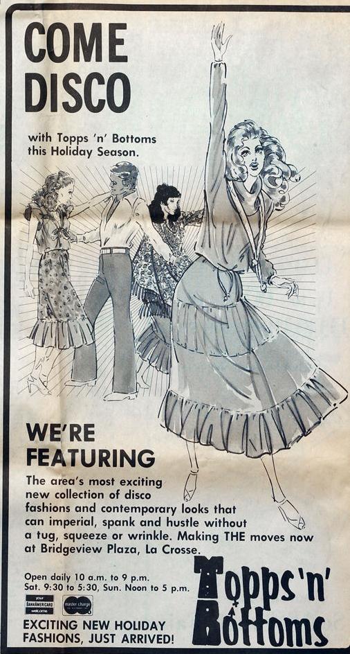 1978: Newspaper ad for disco clothes at Tops and Bottoms